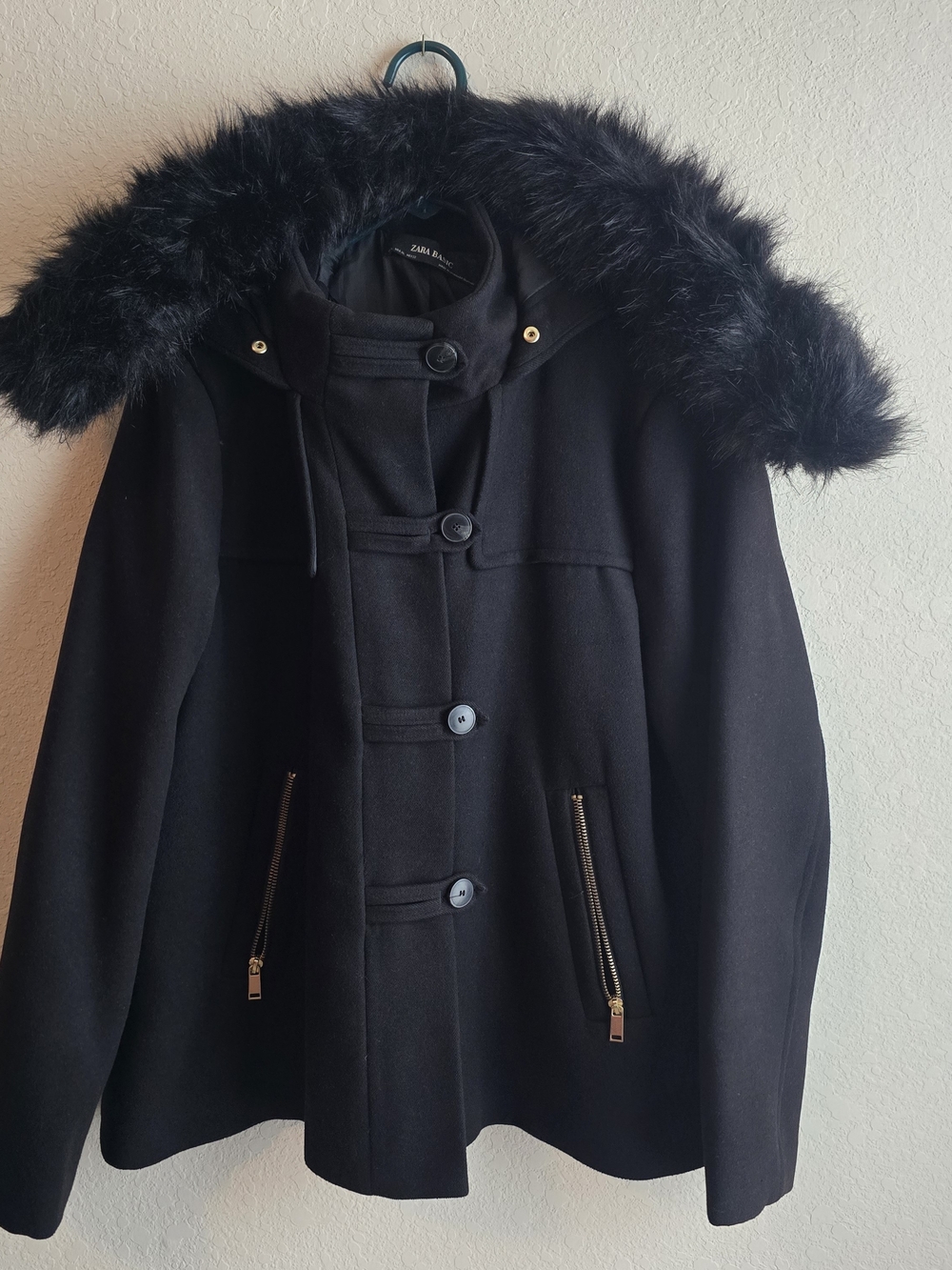 Zara Black Pea Coat with Faux-Fur Hood Trim